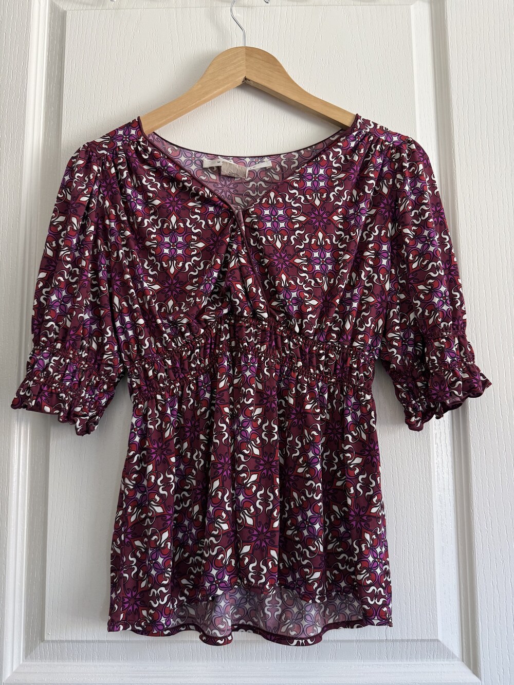 Max Studio Burgundy Damask Patterned Blouse